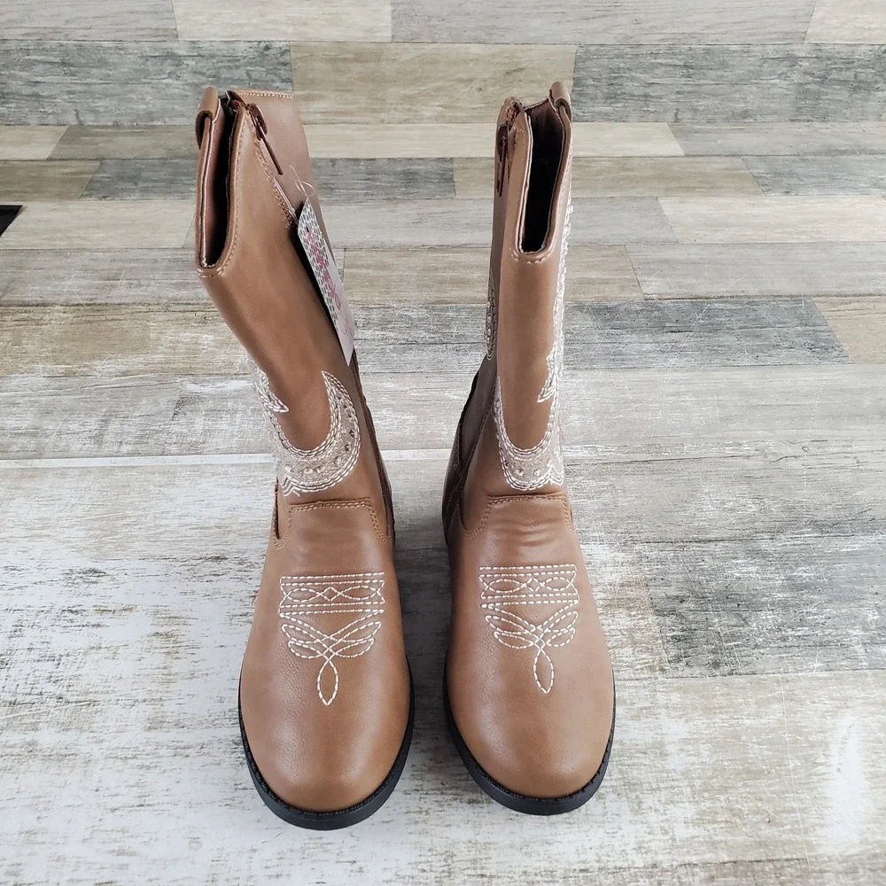 Kensie Girls Cowgirl Boots Sz 12 Beige Faux Leather Low Heel Almond Toe Zip-Up